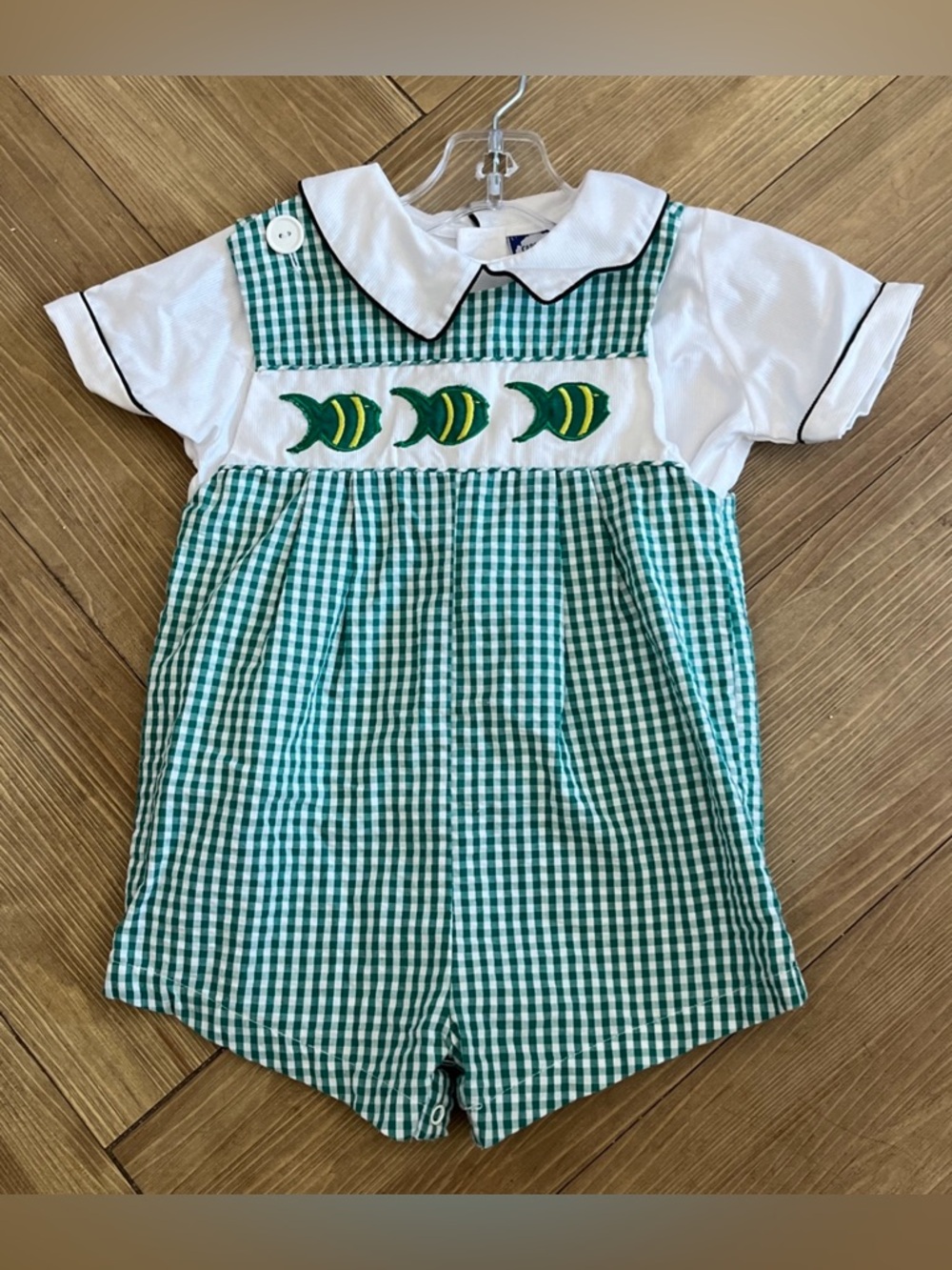 Boys Carriage Boutiques Fish Seersucker Short Romper Green White Checks 3T
